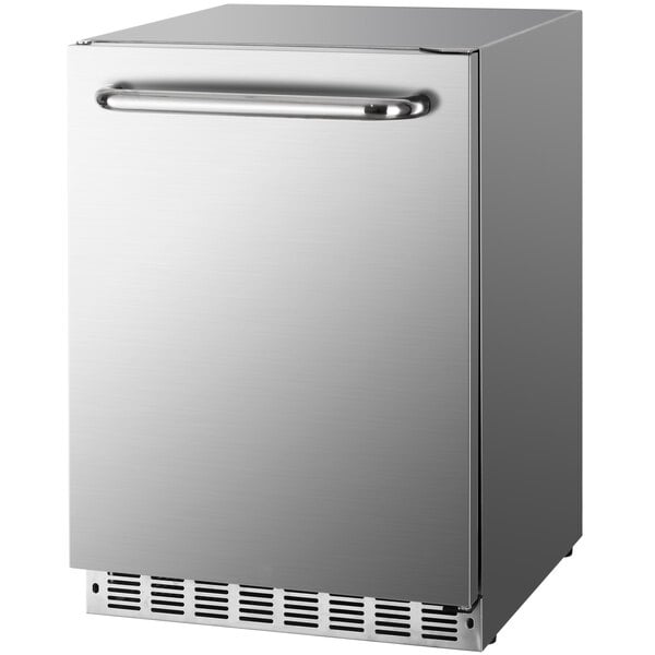 A silver Crown Verity undercounter refrigerator with a handle.