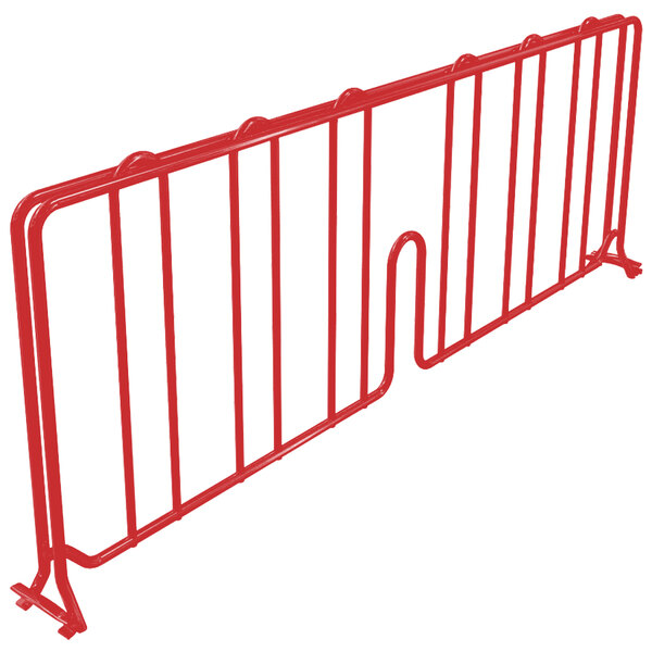A red metal Metro wire shelf divider with two bars.