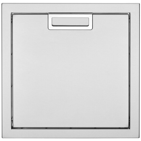 A white rectangular stainless steel door with a rectangular label on it.