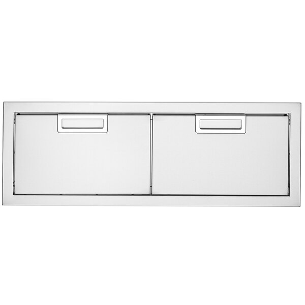 A stainless steel rectangular cabinet with two doors.