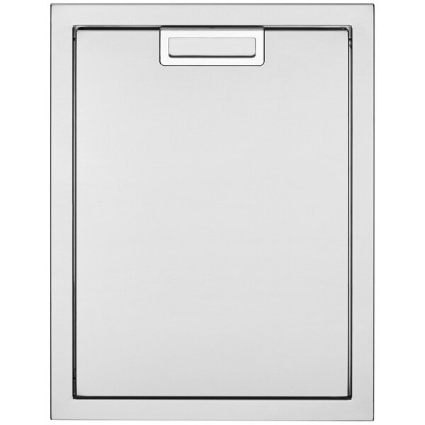 A white rectangular stainless steel cabinet with a handle and two black drawers.