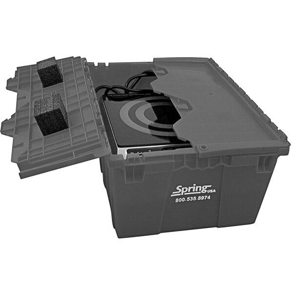 A gray plastic Spring USA storage box with a black lid and handle.