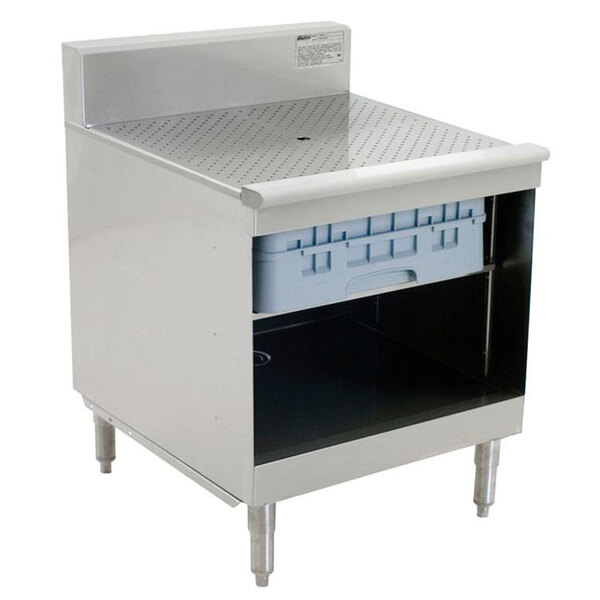 A stainless steel Eagle Group underbar glass rack storage unit with a recessed worktop and center shelf over two drawers.
