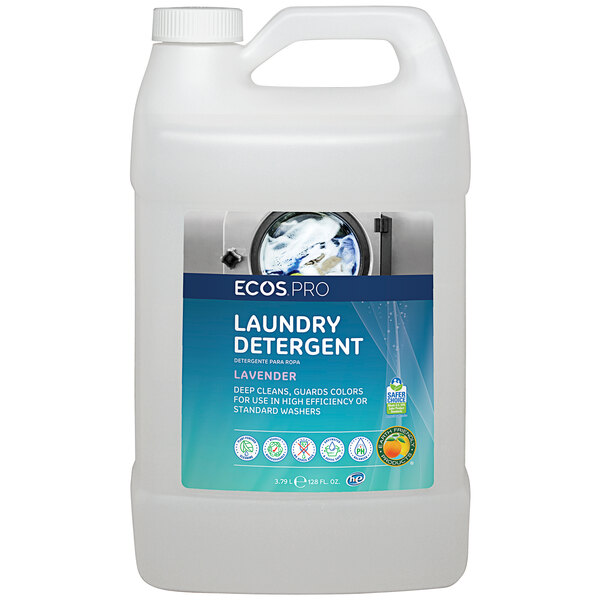 A white ECOS Pro gallon jug of lavender scented liquid laundry detergent with a label.