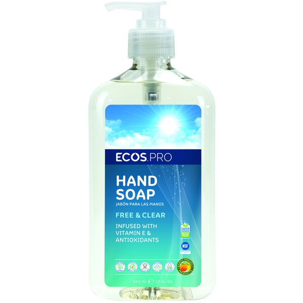 A clear bottle of ECOS Pro Free and Clear hand soap.
