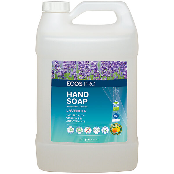 A white plastic ECOS Pro container of lavender scented hand soap on a counter.