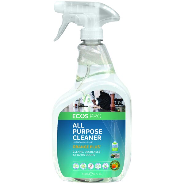 A spray bottle of ECOS Orange Plus Scented All-Purpose Cleaner with a green and white label.