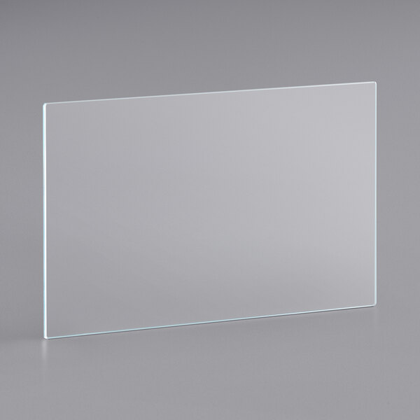 A clear rectangular glass shelf with a blue border.