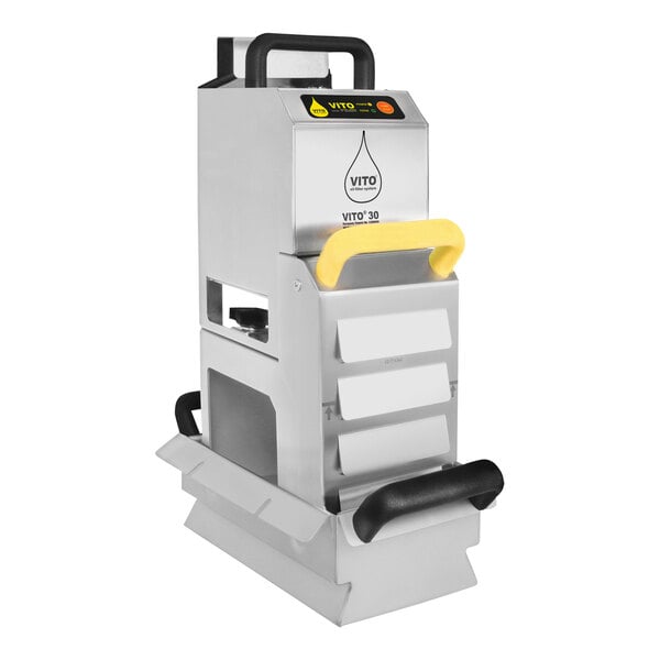 A VITO fryer oil filter machine with a yellow and black handle.