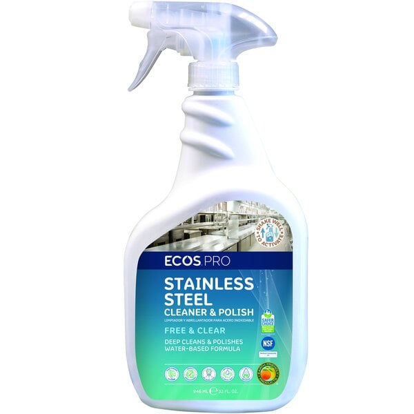 A white ECOS spray bottle with a blue and green label for stainless steel cleaner.
