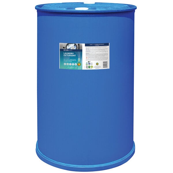 A blue barrel with a label that reads "ECOS Pro Lavender Scented Liquid Laundry Detergent"