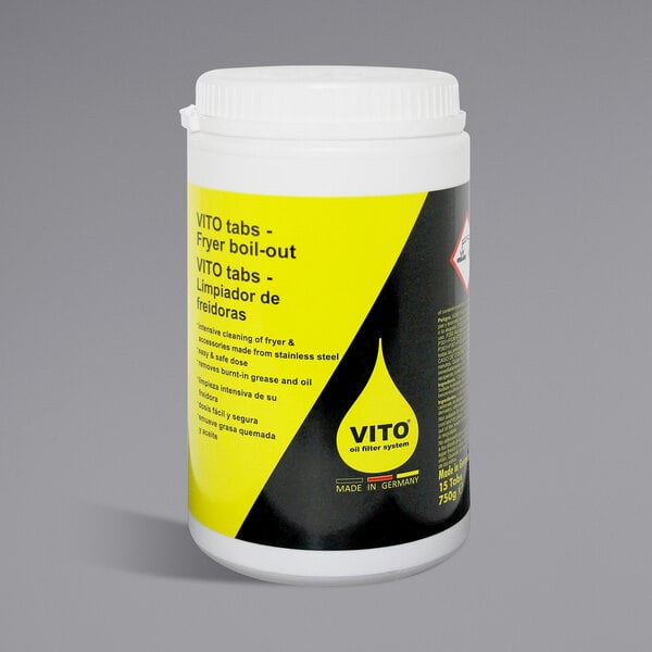 A white container of VITO deep fryer cleaning tabs with a yellow label.