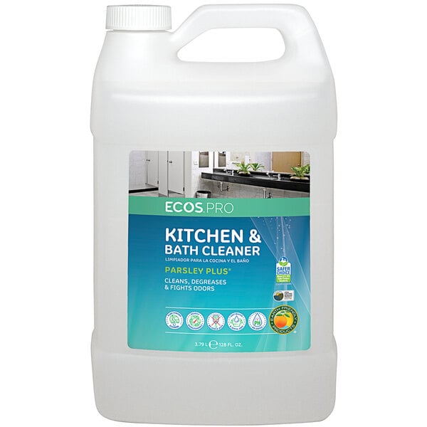 A white ECOS Pro jug with a label for kitchen and bathroom cleaner.