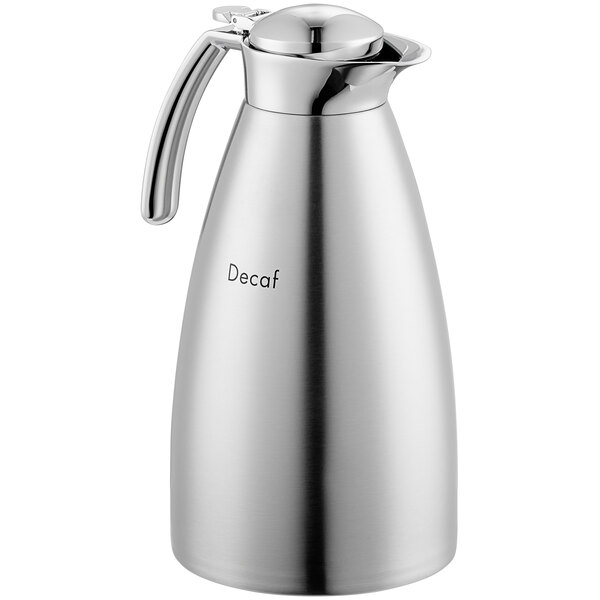 An Alfi stainless steel coffee carafe with a handle and "Decaf" in black.
