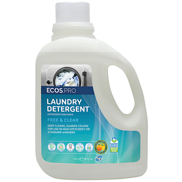 A white ECOS Pro bottle of laundry detergent with a blue label.