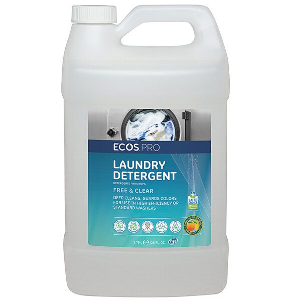 A white plastic container of ECOS Free and Clear Liquid Laundry Detergent with a label.