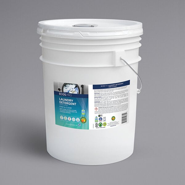 A white ECOS Pro bucket with a lid and label.