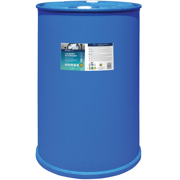 A blue barrel with a label reading "ECOS Pro 55 Gallon Free and Clear Liquid Laundry Detergent"