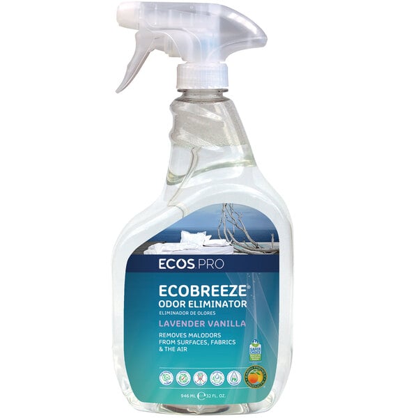 A white ECOS spray bottle with a blue label and white sprayer for Lavender Vanilla Scented Odor Eliminator.
