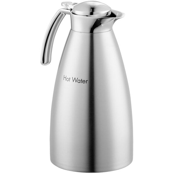 An Alfi stainless steel vacuum insulated carafe with a handle.