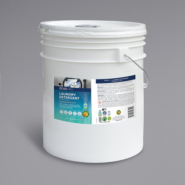 A white bucket with a label for ECOS Pro Magnolia and Lily Scented Liquid Laundry Detergent.