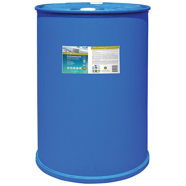 A blue barrel with a label that reads "ECOS PL9720/55 Pro Dishmate 55 Gallon Pear Scented Manual Dishwashing Liquid"