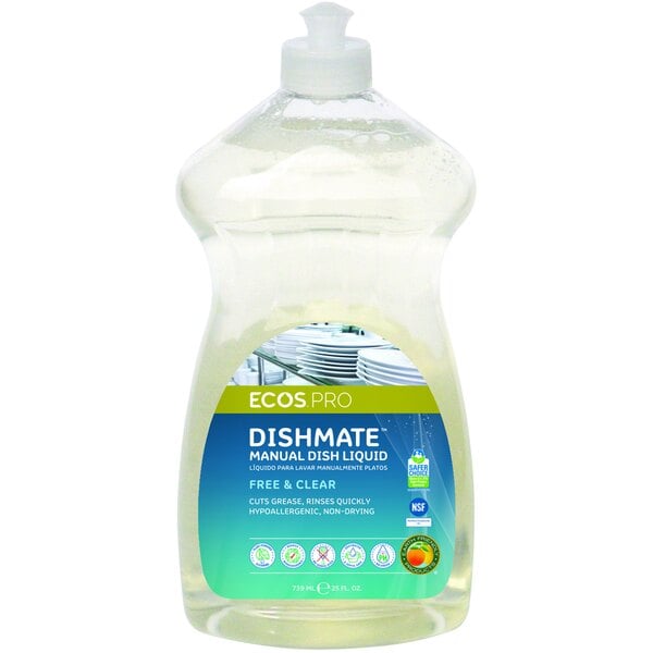 A case of six plastic bottles of ECOS Free and Clear Dishmate dishwashing liquid on a counter.
