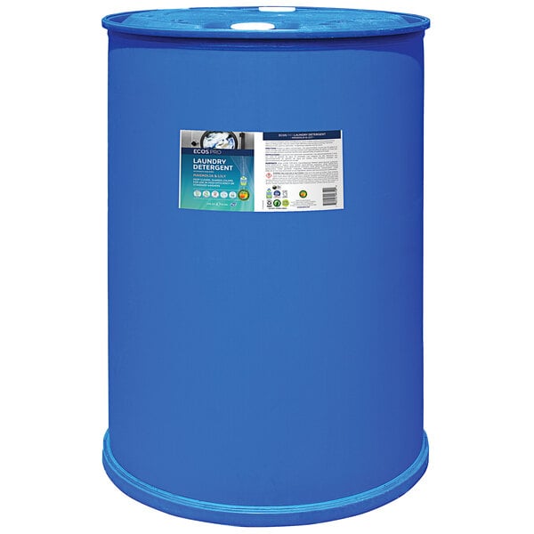 A blue barrel with a label that reads "ECOS Pro Magnolia and Lily Scented Liquid Laundry Detergent"