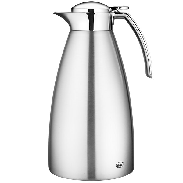 An Alfi stainless steel coffee carafe with a handle.