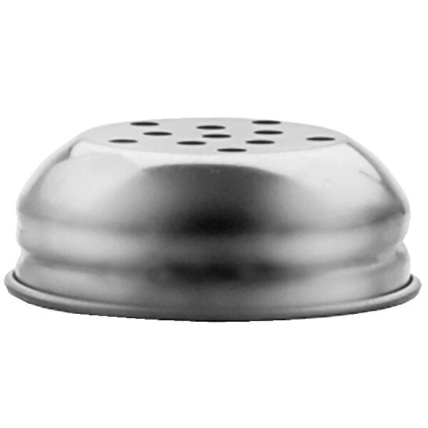 A stainless steel Vollrath cheese shaker lid with holes.