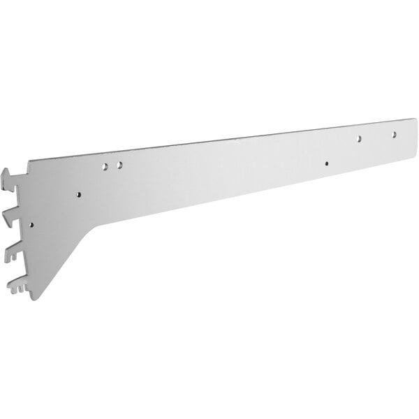 A white metal shelf bracket with two holes.