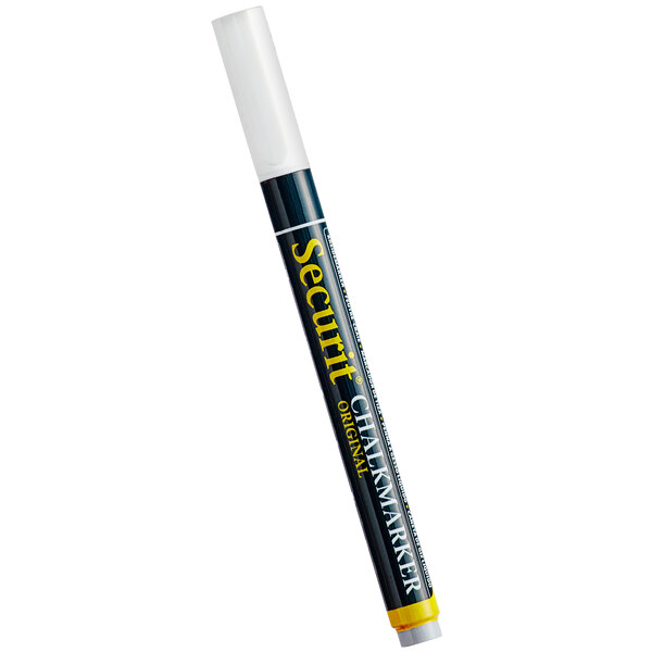 An American Metalcraft white chalk marker with yellow writing on the tip.