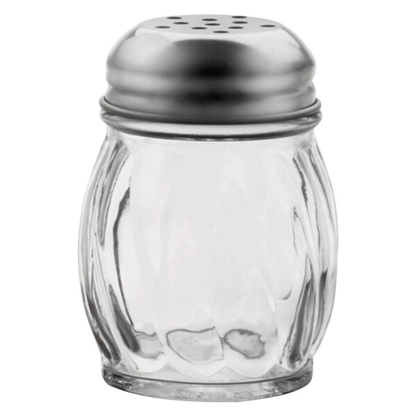 A glass cheese shaker jar with a metal top.