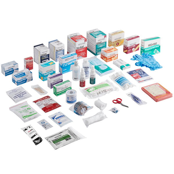 A red rectangular box with a white label for a Medique first aid kit refill.