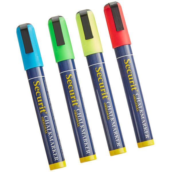 A group of American Metalcraft chalk markers in blue, green, yellow, and white tubes.