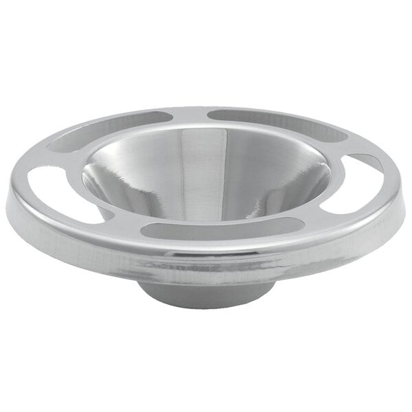 A silver stainless steel bowl with a slotted circular design.