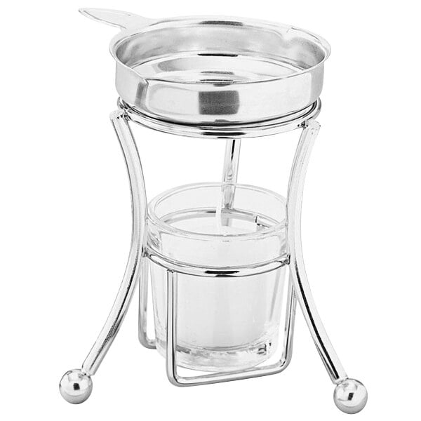 A silver metal Vollrath butter melter stand with a round tray and glass bowl.