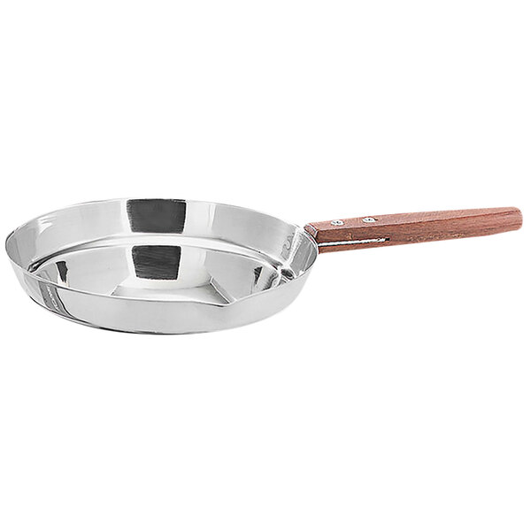 A stainless steel pan with a wooden handle.