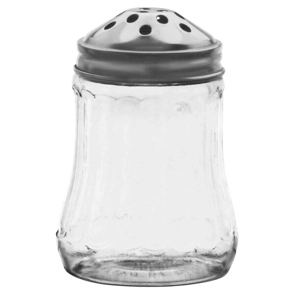 A Vollrath stainless steel cheese shaker lid on a glass jar.