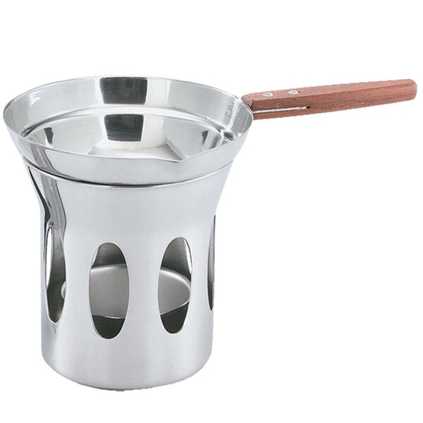 A Vollrath stainless steel butter melter with pan and wooden handle.