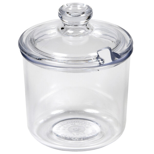 A clear polycarbonate lid on a clear glass container.