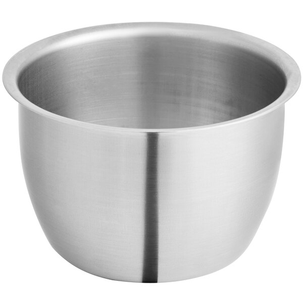 A close-up of a Vollrath stainless steel bowl with a handle.