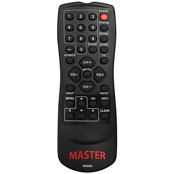 A close-up of a black RCA master remote control for televisions with red text.