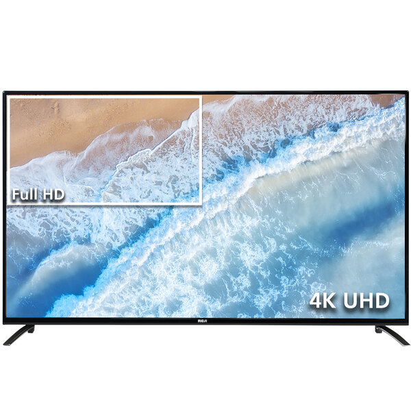 A RCA PT Series 65" 4K Pro:Idiom Hospitality HD Television screen showing a beach.