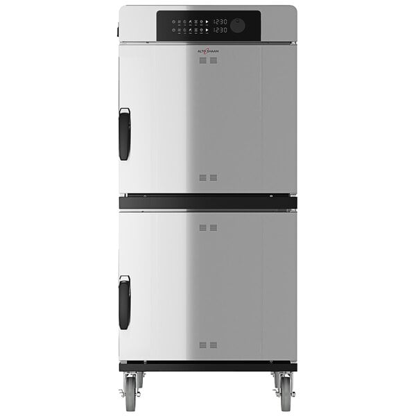 An Alto-Shaam stainless steel full height smoker oven with simple controls.