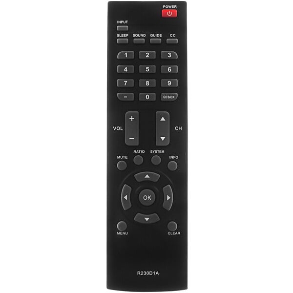 A black RCA guest remote control for televisions with buttons.