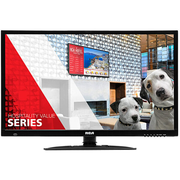 A RCA BE Series 32" LED Hospitality HD Television screen showing two dogs.