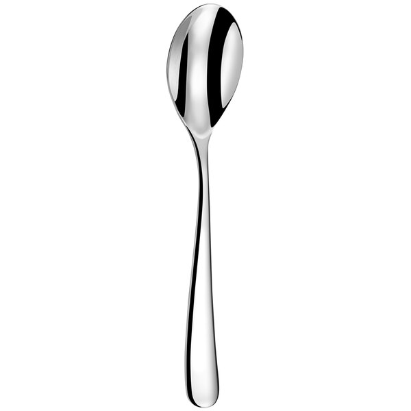 An Amefa stainless steel dessert spoon with a long curved handle and a silver finish.