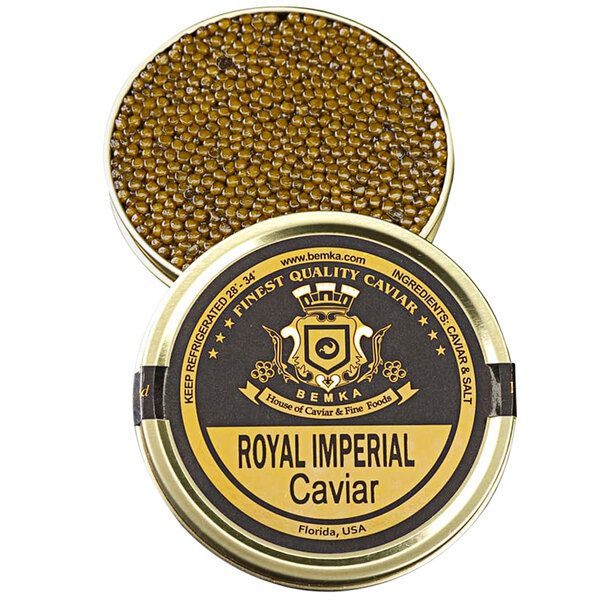 A tin of Bemka Royal Imperial Kaluga Hybrid Sturgeon Caviar with a black and gold label.