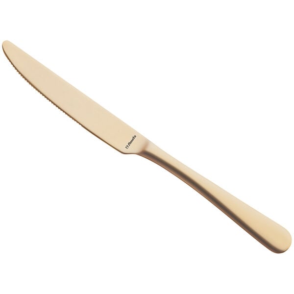 An Amefa Austin gold stainless steel table knife with a white background.